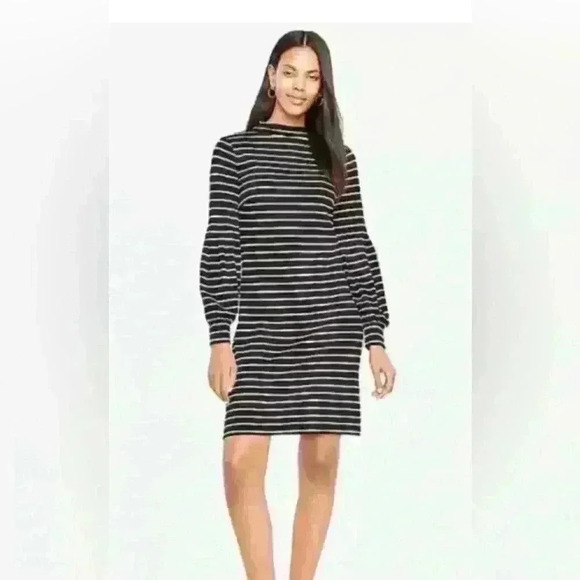 Ann Taylor Dress Womens Size Medium Black & White Stripe Long Balloon Sleeves - Picture 2 of 9